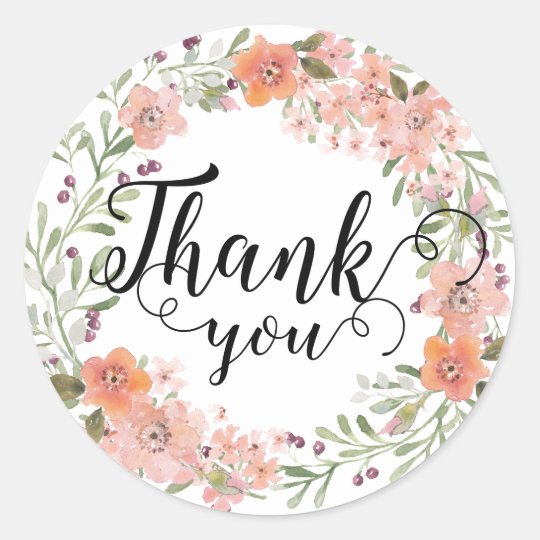 Romantic Peach Floral Thank You Classic Round Sticker | Zazzle.com