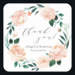 Romantic peach floral thank you wedding square sticker<br><div class="desc">Romantic watercolor floral in peach and green,  with trendy thank you script,  elegant and romantic,  great for modern wedding,  romantic wedding,  and botanical garden wedding in spring,  summer and fall.
See all the matching pieces in collection.</div>