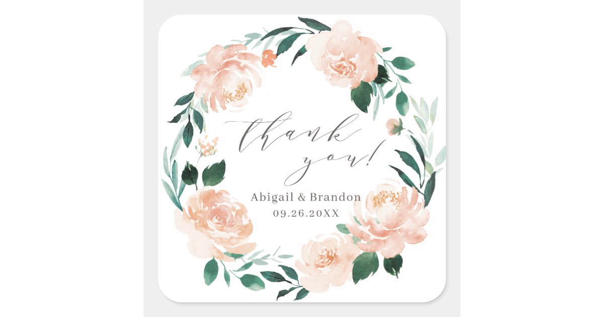 Romantic peach floral thank you wedding square sticker | Zazzle