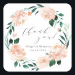 Romantic peach floral thank you wedding square sticker<br><div class="desc">Romantic watercolor floral in peach and green,  with trendy thank you script,  elegant and romantic,  great for modern wedding,  romantic wedding,  and botanical garden wedding in spring,  summer and fall.
See all the matching pieces in collection.</div>