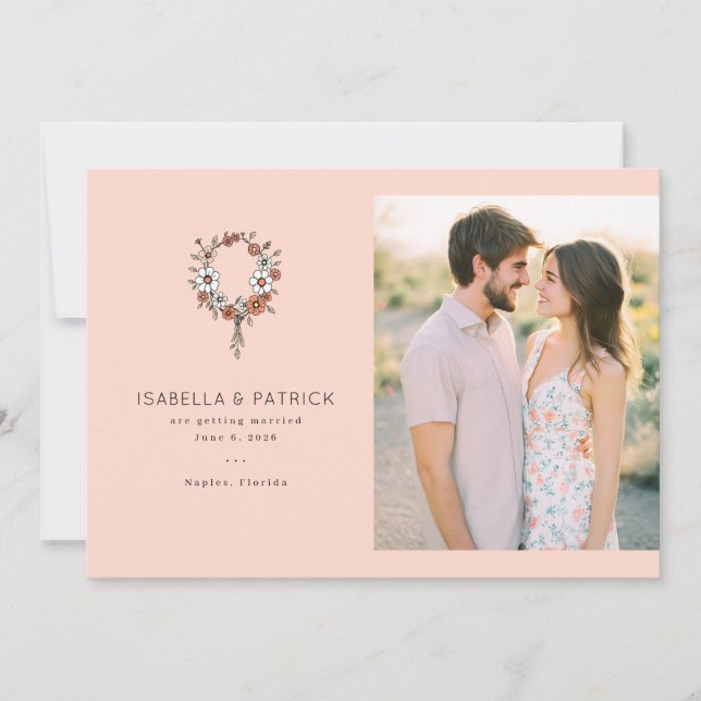 Romantic Peach Floral Wreath Save The Date (Front)