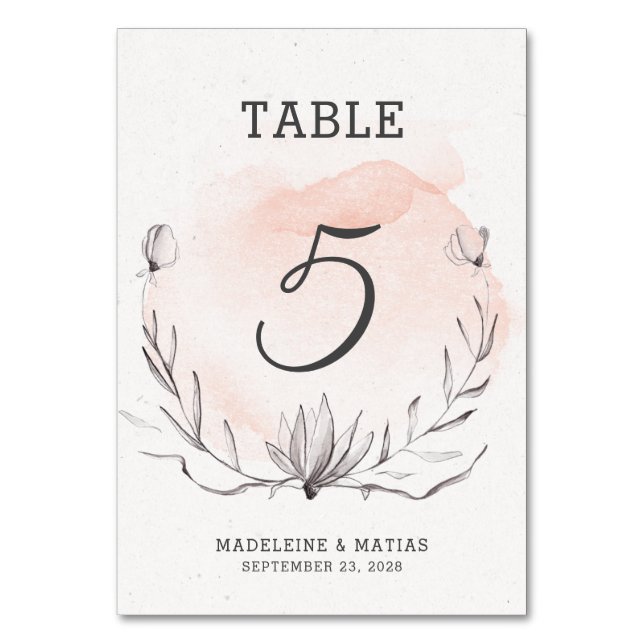 Romantic peach & grey floral wedding table number (Front)