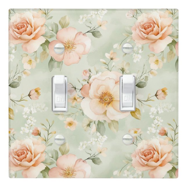 Romantic Peach Mint Pretty Roses Floral Light Switch Cover (In Situ)