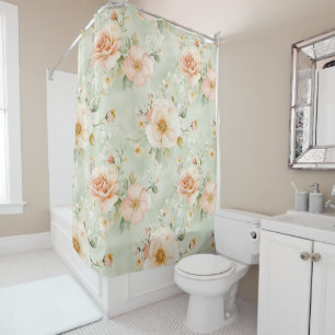 Romantic Peach Mint Pretty Roses Floral Shower Curtain