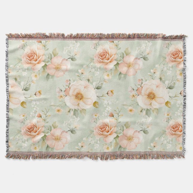 Romantic Peach Mint Pretty Roses Floral Throw Blanket (Front)