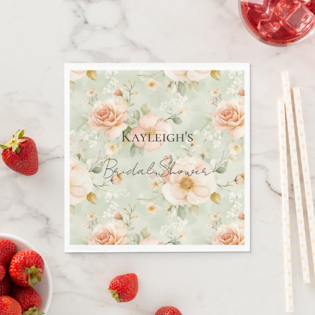 Romantic Peach Mint Roses Floral Bridal Shower Napkins (Insitu)