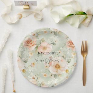 Romantic Peach Mint Roses Floral Bridal Shower Paper Plates