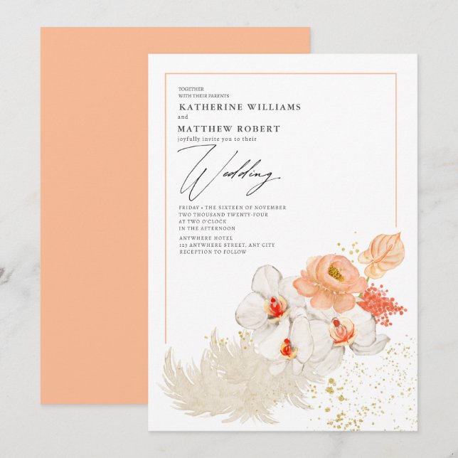 Romantic Peach Pampas Grass Floral Boho Summer Invitation (Front/Back)