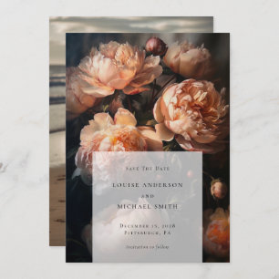 Romantic Peach Pastel Peony Floral Wedding Photo Save The Date