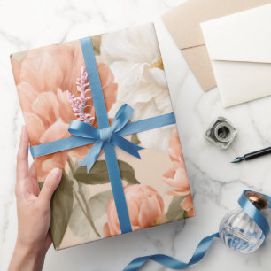 Romantic Peach Peony Ivory Floral Pattern Wrapping Paper