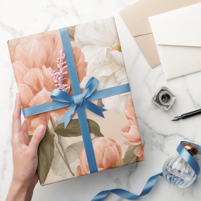 Romantic Peach Peony Ivory Floral Pattern Wrapping Paper (Gifting)