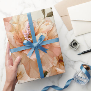 Romantic Peach Peony Ivory Floral Pattern Wrapping Paper