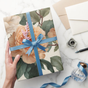 Romantic Peach Peony Ivory Floral Pattern Wrapping Paper