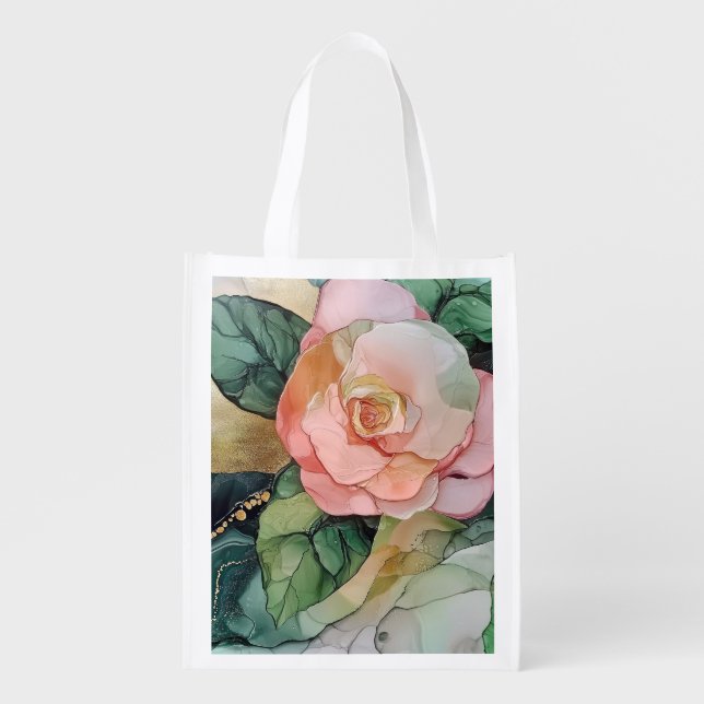 Romantic Peach Pink Rose White Gold Floral  Grocery Bag (Front)