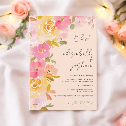 Romantic peach pink yellow floral photo wedding invitation