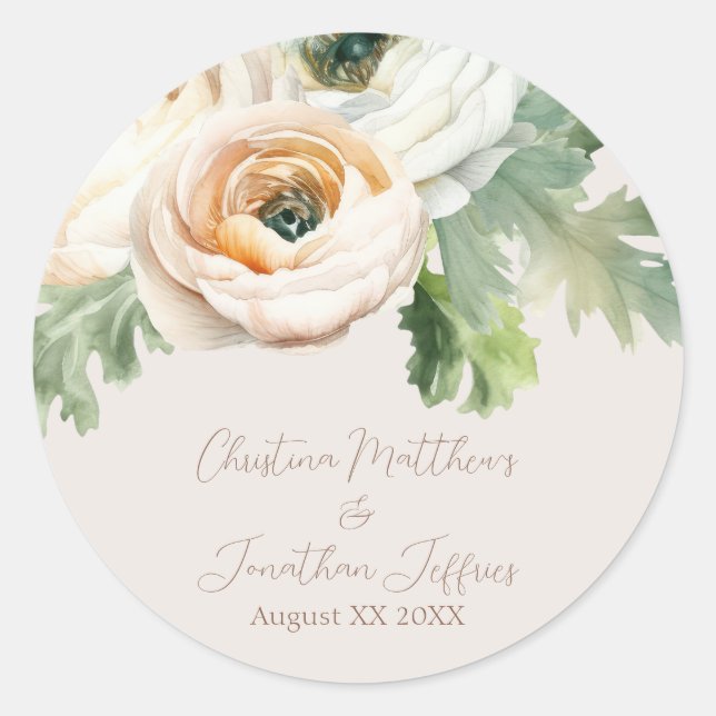 Romantic Peach Ranunculus on Ivory Classic Round Sticker (Front)