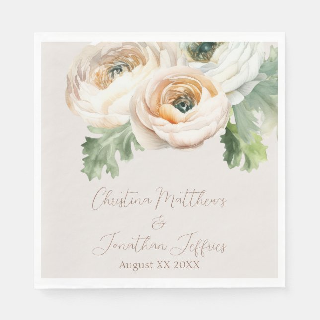 Romantic Peach Ranunculus on Ivory Napkins (Front)