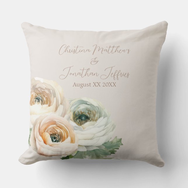 Romantic Peach Ranunculus on Ivory Throw Pillow (Front)