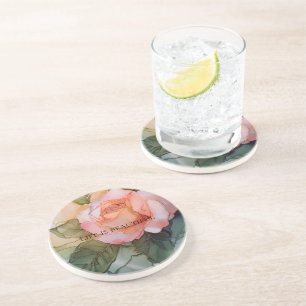 Romantic Peach Rose Floral Bridal Shower Coaster