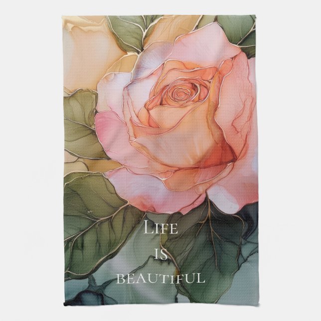 Romantic Peach Rose Floral Bridal Shower Kitchen Towel (Vertical)