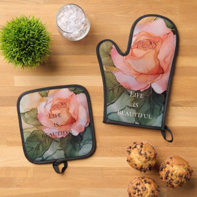 Romantic Peach Rose Floral Bridal Shower Oven Mitt & Pot Holder Set (Top Down)