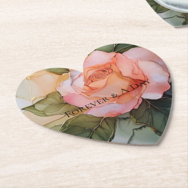 Romantic Peach Rose Floral Bridal Shower Paper Coaster (Angled)