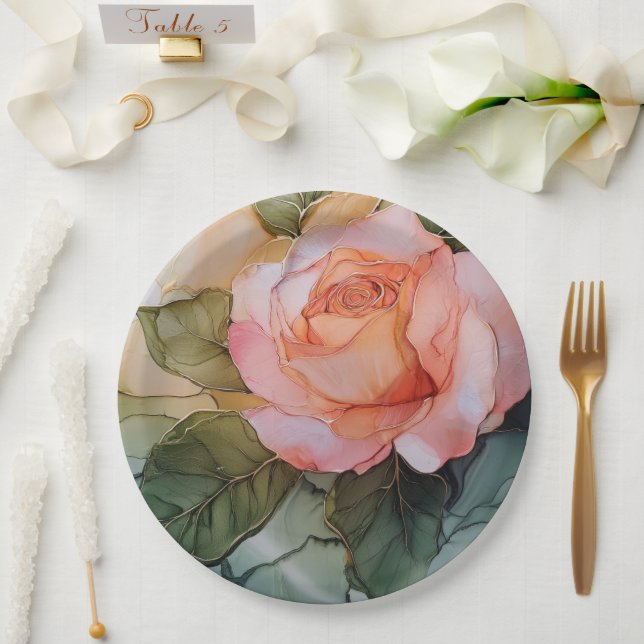 Romantic Peach Rose Floral Bridal Shower Paper Plates (Wedding)