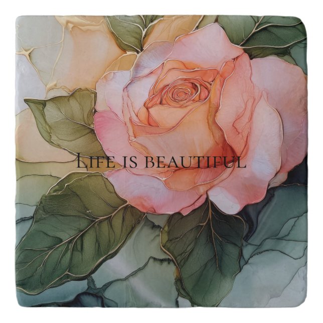 Romantic Peach Rose Floral Bridal Shower Trivet (Front)