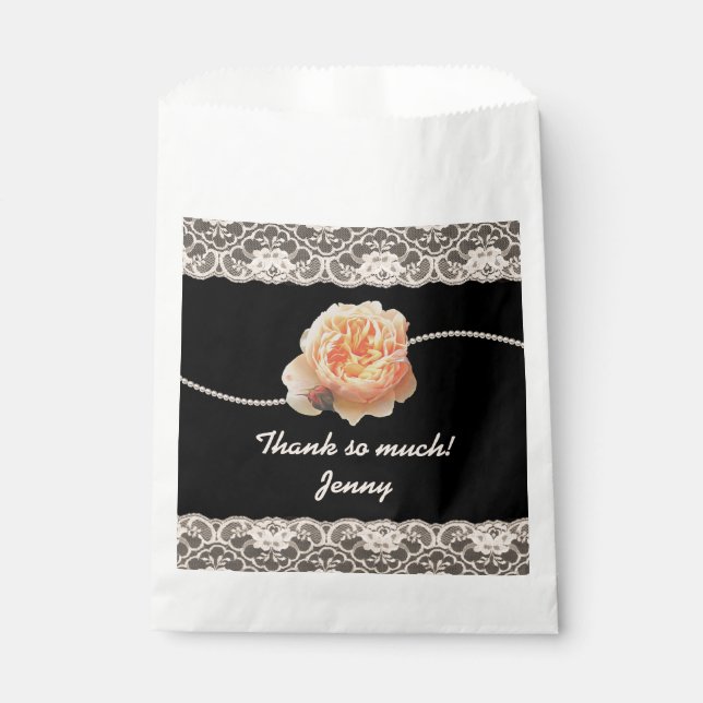 Romantic Peach Rose with Faux Lace on Black Favor Bag (Front)