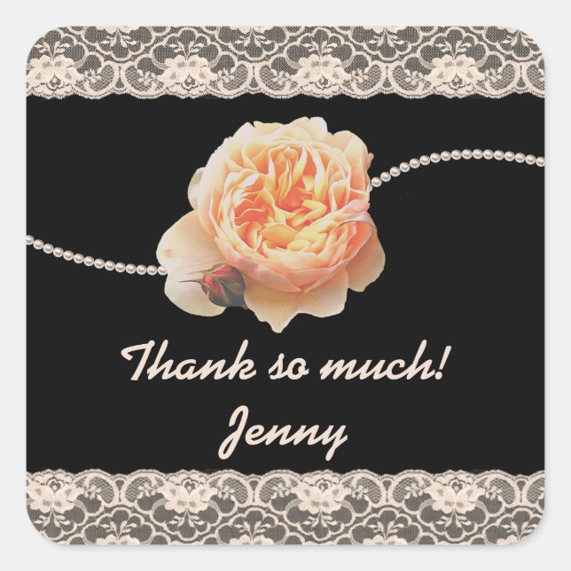 Romantic Peach Rose with Faux Lace on Black Square Sticker (Front)