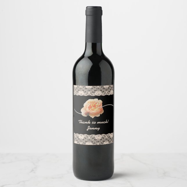 Romantic Peach Rose with Faux Lace on Black Wine Label (Front)