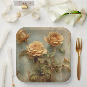 Romantic Peach Roses Floral Bridal Shower Paper Plates