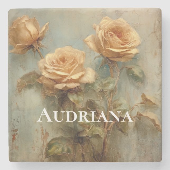 Romantic Peach Roses Floral Bridal Shower Stone Coaster (Front)