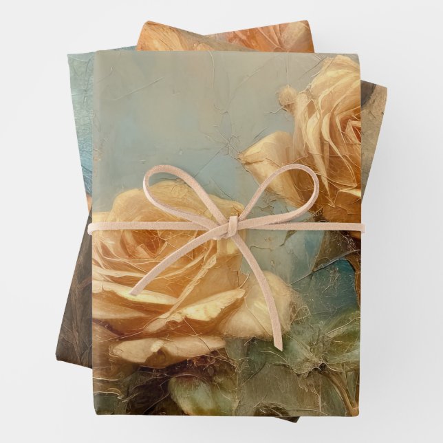 Romantic Peach Roses Floral Bridal Shower Wrapping Paper Sheets (In situ)