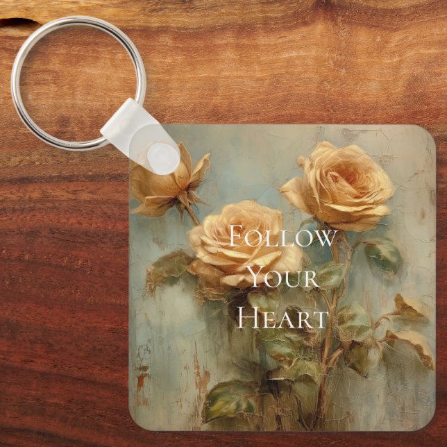 Romantic Peach Roses Floral  Keychain (Front)