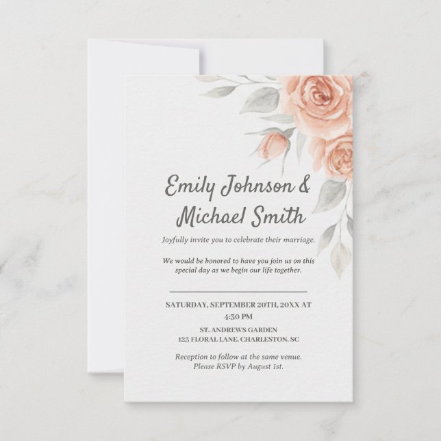 Romantic Peach Watercolor Roses Wedding Invitation (Front)