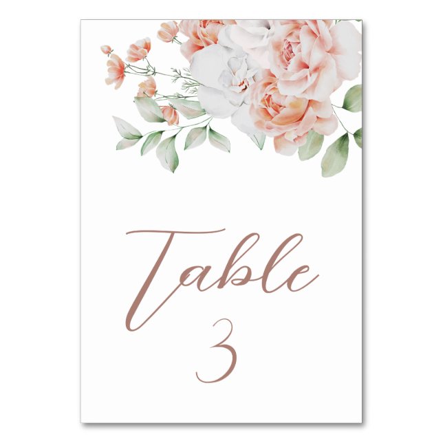 Romantic Peach & White Watercolor Flowers Wedding Table Number (Front)