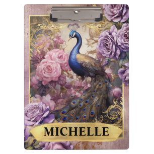 Romantic Peacock and Purple Roses Fantasy Clipboard