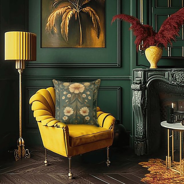 Romantic Peacock Feathers and Daisy Art Nouveau Throw Pillow (Creator Uploaded)