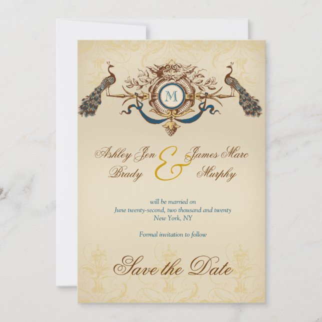 Romantic Peacock Save the Date Announcement (Front)