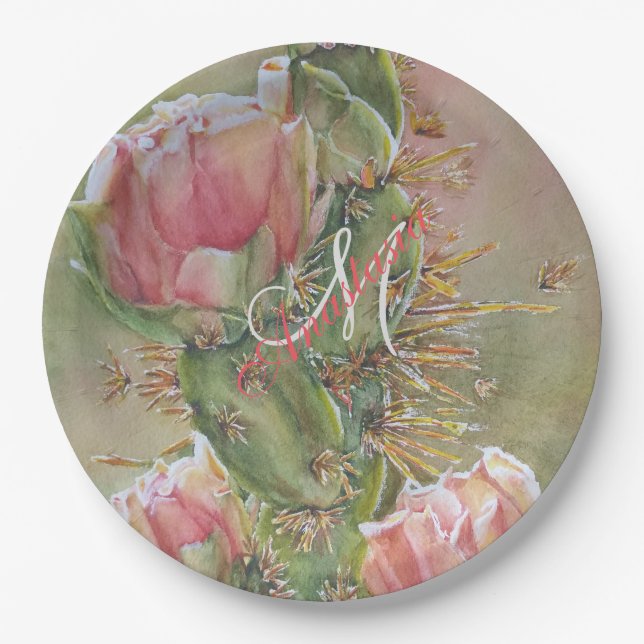 ROMANTIC PEAR CACTUS FLOWER MONOGRAM PARTY PAPER PLATES (Front)