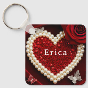 Romantic Pearl Heart Rose Pillow Design ❤️ Keychain