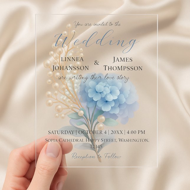 Romantic Pearl Hydrangea Blue Waterercolor Wedding Acrylic Invitations (Creator Uploaded)
