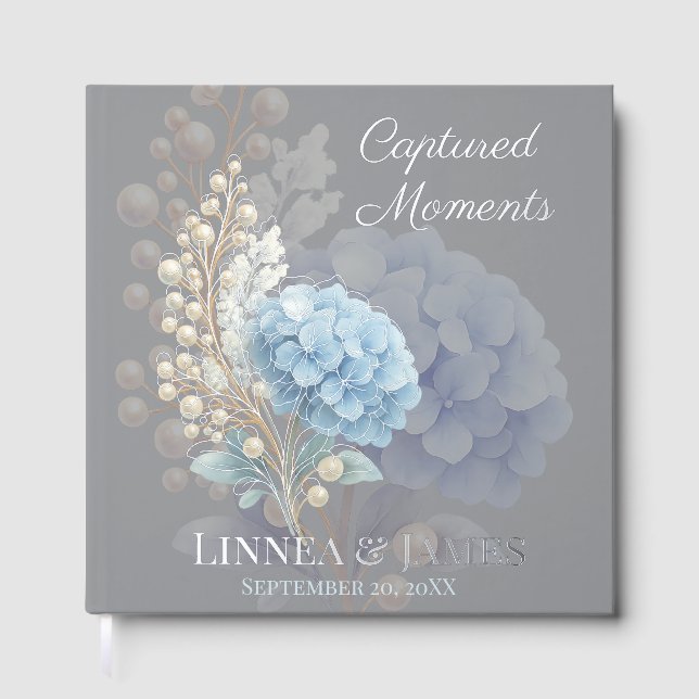 Romantic Pearl Hydrangea Blue Waterercolor Wedding Foil Guest Book (Front)