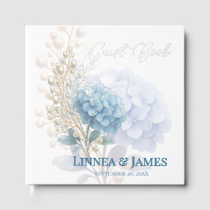 Romantic Pearl Hydrangea Blue Waterercolor Wedding Foil Guest Book
