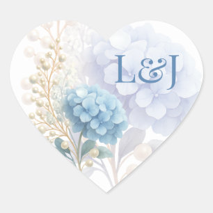 Romantic Pearl Hydrangea Blue Waterercolor Wedding Heart Sticker