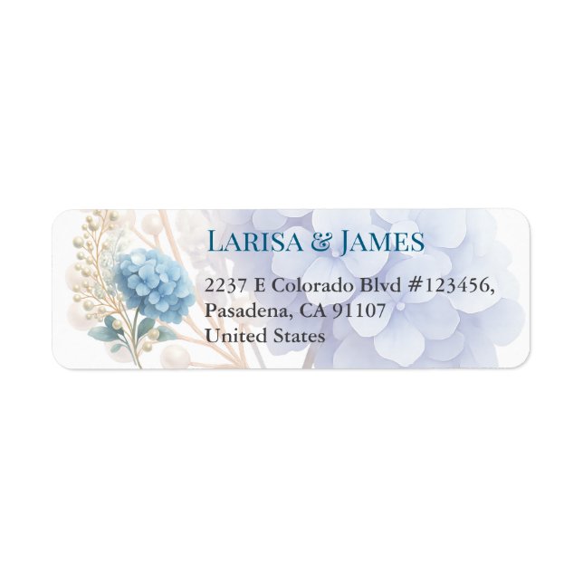 Romantic Pearl Hydrangea Blue Waterercolor Wedding Label (Front)