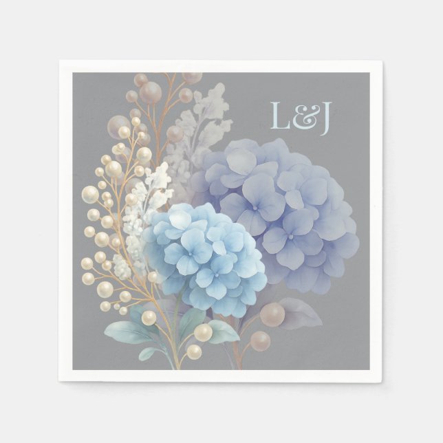 Romantic Pearl Hydrangea Blue Waterercolor Wedding Napkins (Front)