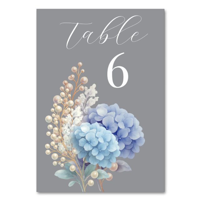 Romantic Pearl Hydrangea Blue Waterercolor Wedding Table Number (Front)