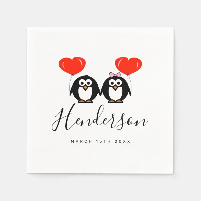 Romantic penguin cartoon custom wedding napkins (Front)